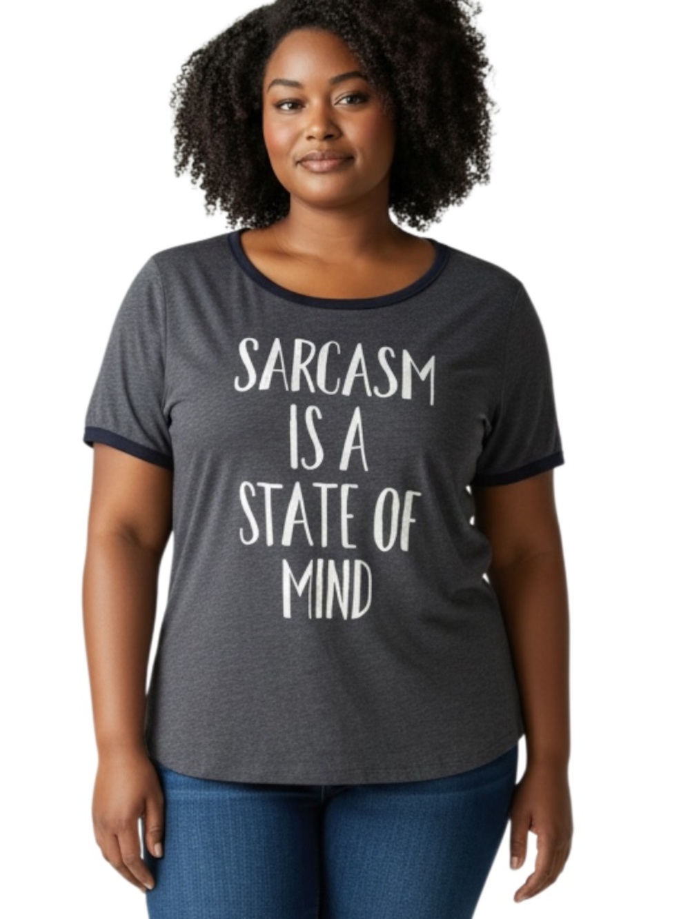 torrid Charcoal Short-Sleeve Tee with White Slogan and Navy Trim